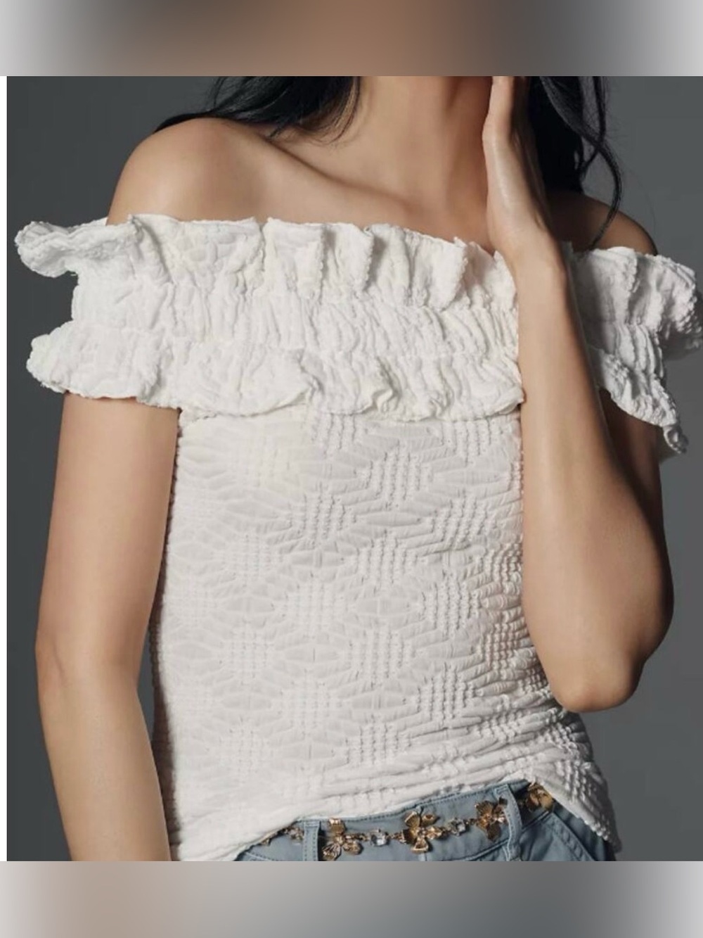 Maeve Off the Shoulder Ruffle Scrunch Top in White - size medium